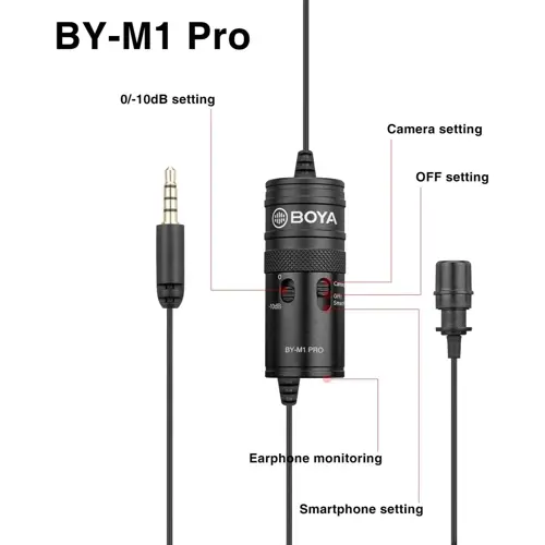Boya BY-M1 PRO Professional Lavalier Lapel Microphone Noise Reduction Omnidirectional Mic with Clip for YouTube Interview Broadcast Content Creation Compatible for Smartphone & DSLR Camera (6M)