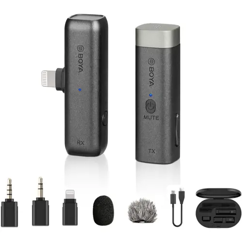 Boya BY-WM3D Microphone, 2.4GHz Wireless Microphone Included with Lightning, 3.5mm TRS & TRRS adapters Compatible with DSLR Cameras, Camcorders, iPhone Smartphones, and Tablets for Video Recording