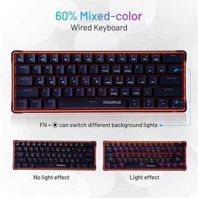 CoolerPlus Wired Gaming Keyboard, 61 Keys Compact Mechanical Keyboard, Double Shot Keycaps with LED Backlit, Red Switch (Black)