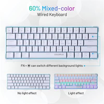 CoolerPlus Wired Gaming Keyboard, 61 Keys Compact Mechanical Keyboard, Double Shot Keycaps with LED Backlit, Red Switch (White)