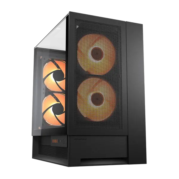 Cougar OmnyX Mid-Tower ATX Panoramic PC Case, Tempered Glass Design with Four Pre-Installed 160mm Fans, Bracketless Vertical GPU Mount, Symmetrical Design & Movable I/O Panel - Black