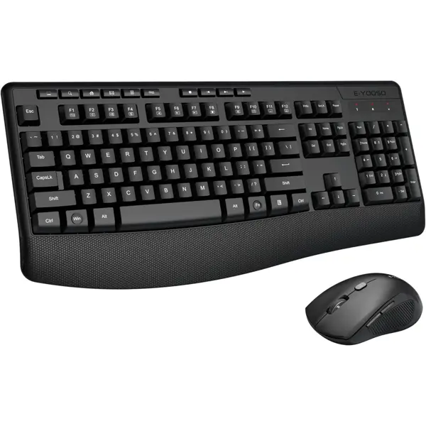E-Yooso Z787 Wireless Keyboard and Mouse Combo, 2.4GHz Full Sized Ergonomic Wireless Keyboard with Wrist Rest, 3 DPI Adjustable and 6 Buttons Cordless USB Mouse for Computer, Laptop, PC, Windows (Black)