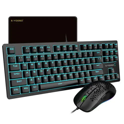 E-Yooso Z737 Combo Set - Full Keyboard, RGB Mouse, Mousepad, TKL Mechanical Keyboard, Blue Switches, Ice Blue Backlight, RGB Sidelight, Honey Comb Mouse, 10x10 Mousepad, Black