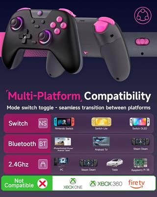 EasySMX X05 Black 2.4GHz Wireless Gaming Controller for PC/Steam/iPhone/Android/Switch - Bluetooth Controller Gamepad with Hall Effect, RGB Lights and Turbo, Anti-Drift Controller