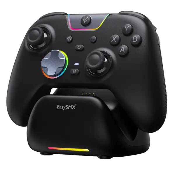 EasySMX X05 Pro Wireless PC Controller with Charging Dock – Soft-Click Low-Noise Buttons, Dual-Stage Impulse Triggers, Hall Joysticks with 1000Hz Polling, 2 Programmable Buttons, 1000mAh Battery - Black