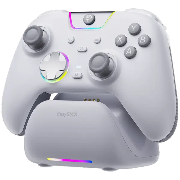 EasySMX X05 Pro Wireless PC Controller with Charging Dock – Soft-Click Low-Noise Buttons, Dual-Stage Impulse Triggers, Hall Joysticks with 1000Hz Polling, 2 Programmable Buttons, 1000mAh Battery - White