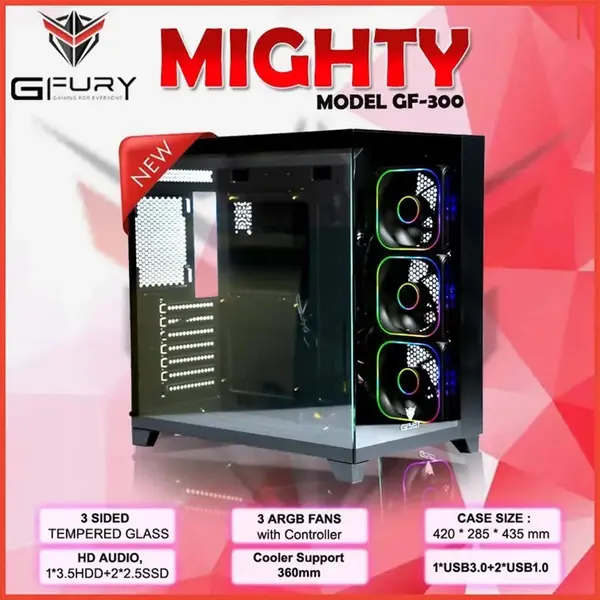 GFury Mighty GF-300 Tempered Glass Mid-Tower ATX Gaming Case, 3x ARGB Fans, Black