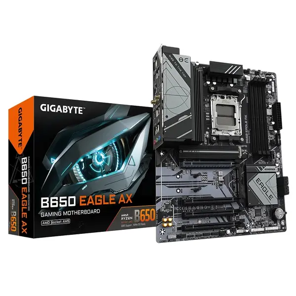 Gigabyte B650 Eagle AX AM5 LGA 1718 AMD B650 ATX Motherboard, DDR5, Triple M.2 (1x PCIe 5.0 M.2 + 2X PCIe 4.0 M.2), USB 3.2 Gen2x2 Type-C, AMD Wi-Fi 6E, Realtek GbE LAN