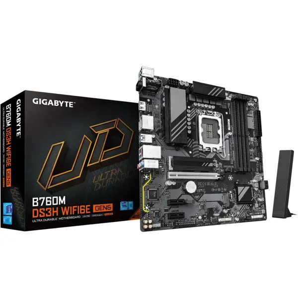 Gigabyte B760M DS3H Wifi6E Gen5 LGA 1700 Micro ATX Motherboard, Intel B760 Chipset, 4x DDR5 DIMM Slots, 256GB Max Memory, 1x PCIe 5.0 x16, 2x M.2 Slots, WIFI 6E & BT 5.3
