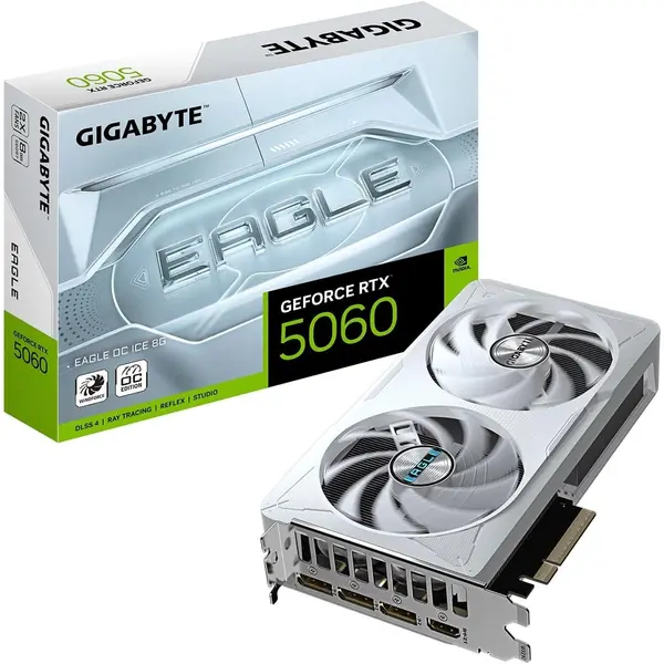 Gigabyte GeForce RTX 5060 Eagle OC Ice 8G Graphics Card, 8GB 128-bit GDDR7, PCIe 5.0, WINDFORCE Cooling System, by NVIDIA, DisplayPort & HDMI - Video Output Interface Video Card