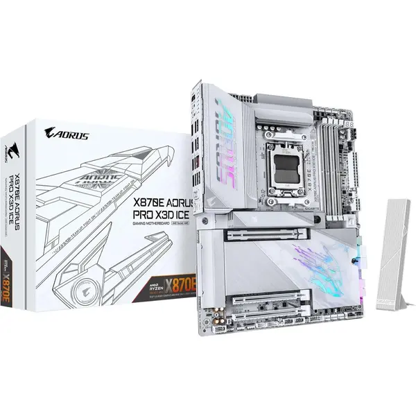 Gigabyte X870E Aorus Pro X3D Ice AMD AM5 LGA 1718 ATX Motherboard, Ryzen 9000/8000/7000, DDR5, 18+2+2 Power Phase, 4X M.2, PCIe 5.0, WiFi, 5GbE
