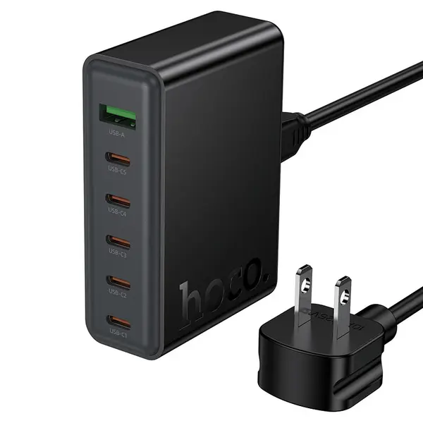 HOCO C152 – Modern PD70W 6-Port (5C1A) Desktop Charger (US) - 5x Type-C, 1x USB-A Port, Fast Charging