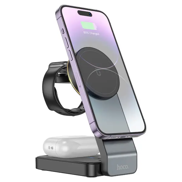 HOCO CQ3 – Noble Folding 3-in-1 Magnetic Wireless Fast Charger, 5W/7.5W/10W/15W for Watch, Phone, Headset