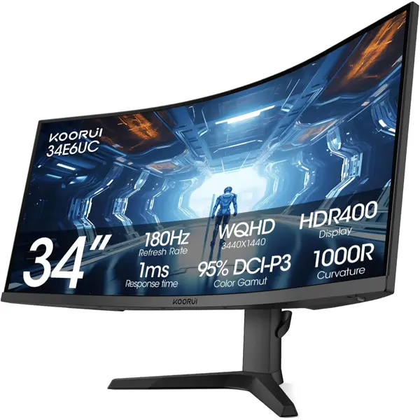 Koorui 34E6UC 34-inch Curved Ultrawide WQHD 3440×1440 Gaming Monitor, 180Hz 1000R- PIP/PBP, 1ms(MPRT), HDR400, DCI-P3 95%, FreeSync Premium, 1 x DP 1.4 & 2 x HDMI 2.0, Tilt Height Swivel Adjustment