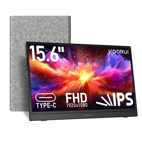 Koorui E1512A 15.6 inch Portable Monitor, FHD 1080P IPS External Display USB-C & Mini HDMI Connectivity, Second Screen for Laptop, PC, Remote Work, Travel, Home Office, Built-in Speakers, Kickstand