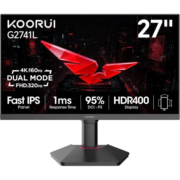 Koorui G2741L 27 Inch Gaming Monitor, (3840x2160) Monitor, Dual Mode (4K 160Hz / FHD 320Hz), IPS Panel, 1ms, 95% DCI-P3, HDR400, Eye-Care, Height/Pivot/Tilt Adjustability, VESA Mountable, HDMI/DP