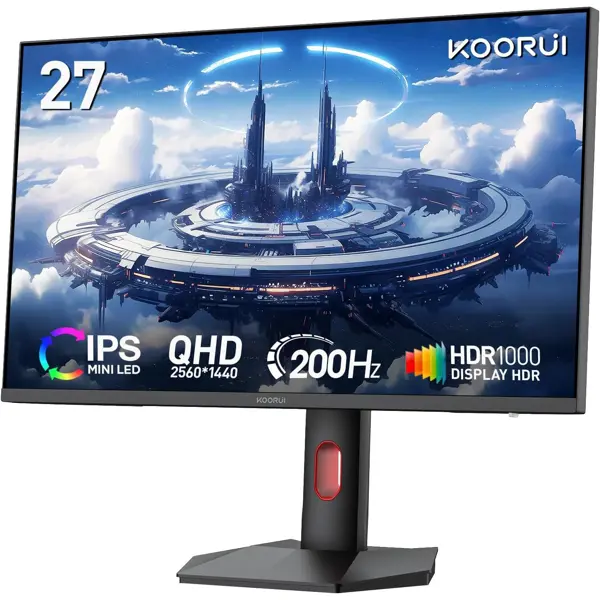 Koorui S2721PM Monitor, 27” Mini-LED IPS Panel 200Hz Gaming Monitor, 1440P PiP/PBP Computer Screen, 1ms HDR 1000 Display, 97% DCI-P3, Height Adjustable, HDMI/DisplayPort