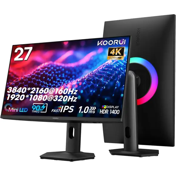 Koorui S2741LM 27" 4K QD-Mini LED Gaming Monitor - Dual-Mode (UHD 160Hz or FHD 320Hz), 1ms, 99% Adobe RGB, HDR1400, 90W USB-C, HDMI 2.1/DP1.4, VESA, Tilt Height Swivel Vertical Adjustment, Black