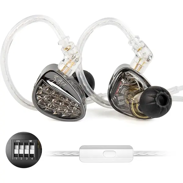 KZ ZA12 in Ear Monitor, 2DD+4BA Hybrid Wired Earbuds, KZ in Ear Monitor with 4-Level Tuning Switch Gaming Earbuds, Silver-Plated IEM Cable for Audiophile (Type-C with Microphone, Matte Black Tunable Version)