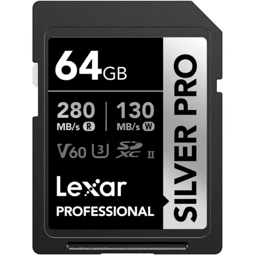 Lexar Silver Pro 64GB SD Card, UHS-II SD Memory Card, V60, U3, C10, Read up to 280MB/s, Write 130MB/s, SDXC Card for DSLR/Camera/Photographer/Videographer
