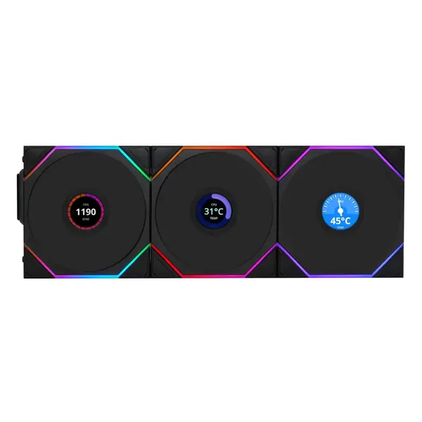 Lian Li UNI Fan TL LCD Wireless 120 ARGB Fan - Triple Pack, 2.4 GHz Wireless Signal ARGB Fan-Infinity Mirror, Daisy-Chain Design, Customizable Lighting Effects, Controller Included & Required - Black