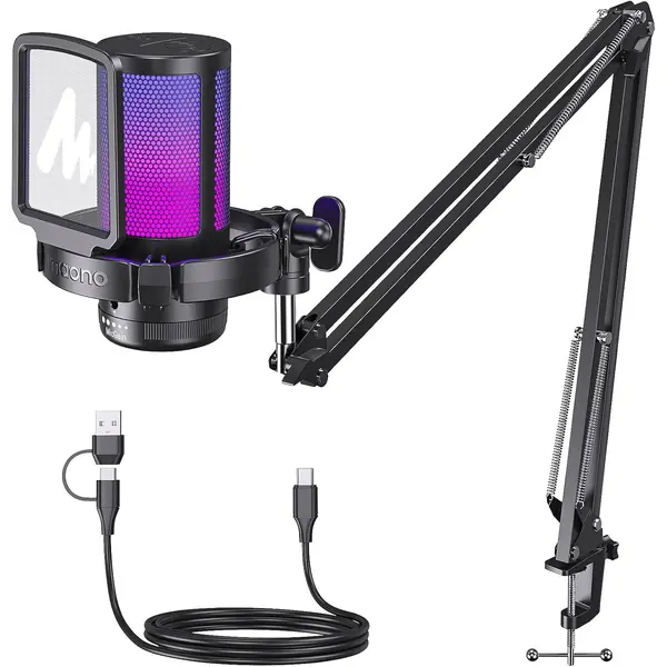 Maono DGM20S Gaming Microphone for PC with Clear Voice & Noise Reduction RGB Lighting, Tap-to-Mute, Gain Control, Headphone Monitoring and Boom Arm for Discord Gaming, Streaming, Content Creation (Black)