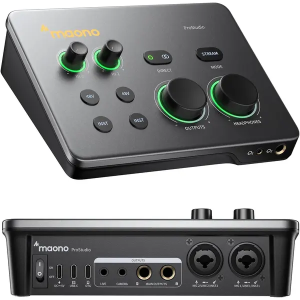 Maono P2 Hybrid USB Audio Interface Dual XLR for PC Phone iPad Guitar 56dB Gain, Loopback, Mute, ASIO, Routing Software Features, for Podcast, Streaming, Mobile Music Recording, Content Creation