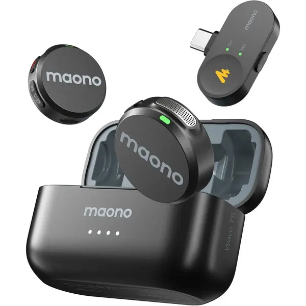 Maono Wave T5 Wireless Lavalier Microphone for iPhone 17/16/15/Android/Tablet, USB C Mini Mic with 48KHz 24Bit, 300m Range, Voice Filter, Noise Cancellation, 30H Use for Video Recording, Streaming