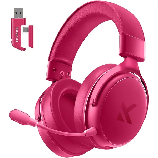 Mchose V9 PRO Wireless Gaming Headset 7.1 Surround Sound for PS5 PS4 PC Switch, Topspeed Gaming Headphones with Noise Canceling Mic, 250Hr Battery, Low 15ms Latency, Lightweight, BT 5.3 FPS Games (Rose Red)