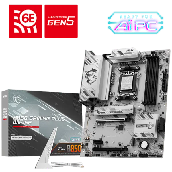 MSI B850 Gaming Plus Wifi6E Motherboard, ATX - Supports AMD Ryzen 9000/8000/7000 Processors, AM5 - DDR5 Memory Boost 8200+ MT/s (OC), PCIe 5.0 x16 & 4.0 x16, M.2 Gen5, Wi-Fi 6E, 5G LAN