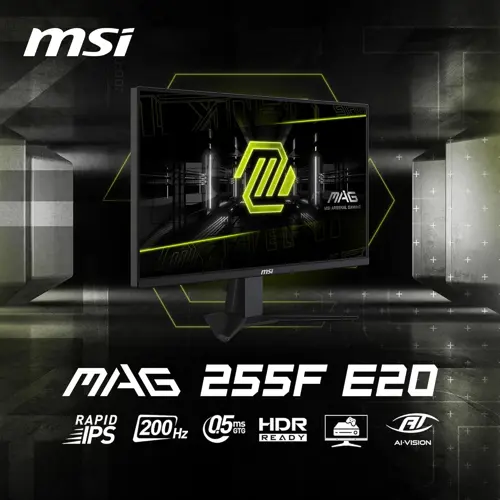 MSI MAG 255F E20 25-inch 1920 x 1080 (FHD) Gaming Monitor, 200Hz, IPS Panel, Adaptive-Sync, HDMI, DisplayPort, VESA Mountable, Tilt, Speaker, 0.5ms, Black