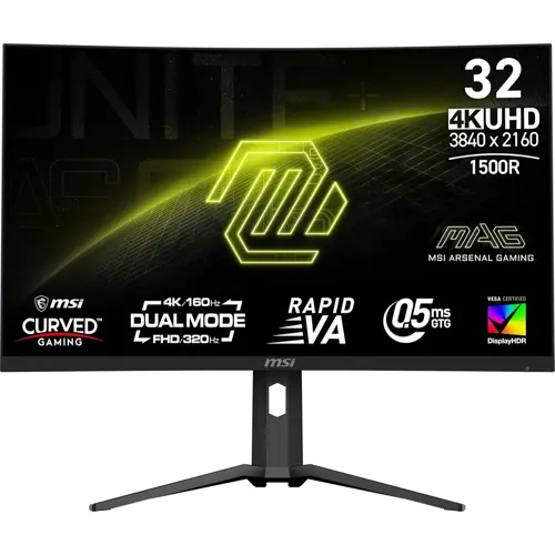 MSI MAG 321CUPDF 32” 4K HDR Curved Gaming Monitor – UHD (3840x2160) Dual Mode (4K 160Hz or FHD 320Hz), 0.5ms, Rapid VA, FreeSync Premium, Eye Care, AI Gaming