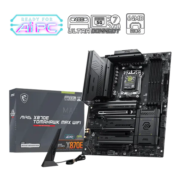 MSI MAG X870E Tomahawk Max WiFi Motherboard, ATX - Supports AMD Ryzen 9000/8000/7000 Processors, DDR5 Memory Boost 8400+ MT/s (OC), PCIe 5.0 x16, M.2 Gen5, Wi-Fi 7, 5G LAN
