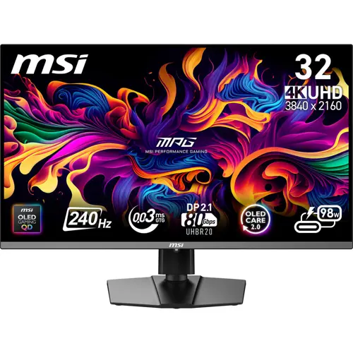 MSI MPG 322URX QD-OLED 32-inch 3840 x 2160 (UHD) Computer Gaming Monitor, 240Hz, Adaptive-Sync, HDMI, DP Port, VESA Mountable, Tilt, Speaker, 0.03ms, Black