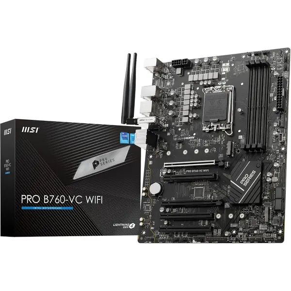 MSI Pro B760-VC WiFi ProSeries Motherboard - Supports 12th/13th/14th Gen Intel Processors, LGA 1700, DDR5, PCIe 4.0, M.2, 2.5Gbps LAN, USB 3.2 Gen2, Wi-Fi 5.1, Bluetooth 5.1, ATX (Black Box)