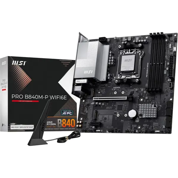 MSI Pro B840M-P Wifi6E M-ATX AM5 Motherboard AMD B840 Chipset — Supports Ryzen 7000/8000/9000 Series, DDR5 up to 8000MHz (OC), Wi-Fi 6E, 2.5G LAN, USB 3.2 Gen2 Type-C & Type-A, HDMI 2.1