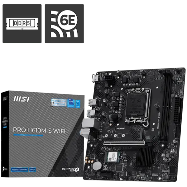 MSI Pro H610M-S WiFi Motherboard, Micro-ATX - Supports Intel Core 14th, 13th and 12th Gen Processors, LGA 1700 - DDR5 Memory Boost 5600MHz/MAX, PCIe 4.0 x16 Slot, M.2 Gen3 Slot, Wi-Fi 6E, BT 5.3