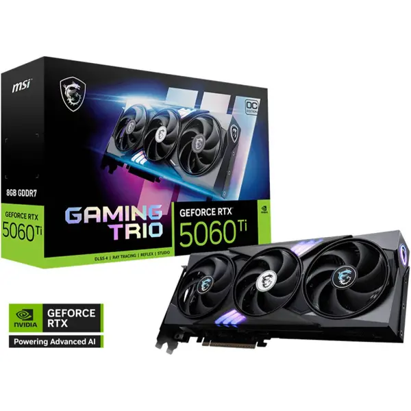 MSI GeForce RTX 5060 Ti Gaming Trio OC 8GB Graphics Card, GDDR7 128-Bit Memory, 2647 MHz Boost Clock, 28 Gbps Memory Speed, 4608 CUDA Cores, PCI Express 5