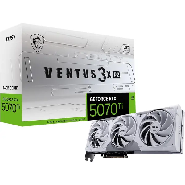 MSI Gaming RTX 5070 Ti 16G Ventus 3X PZ OC Graphics Card (16GB GDDR7, 256-bit, Extreme Performance: 2482 MHz, DisplayPort x 3 2.1a, HDMI 2.1b, NVIDIA Blackwell Architecture, White)