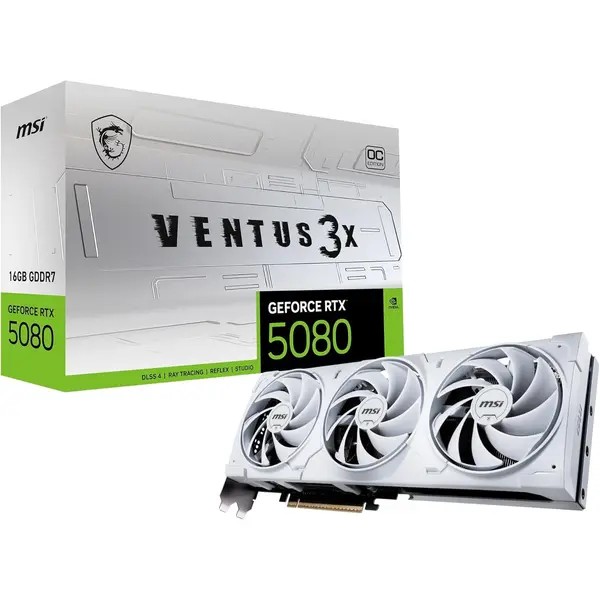 MSI Gaming RTX 5080 16G Ventus 3X OC White Graphics Card (16GB GDDR7, 256-bit, Extreme Clock TBD MHz, DisplayPort x 3 2.1a, HDMI 2.1b, NVIDIA Blackwell Architecture)