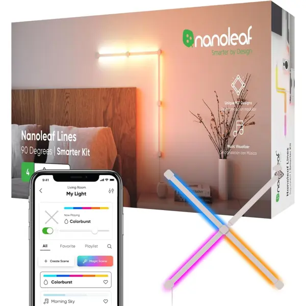 Nanoleaf Lines Smart LED Wall Lights, Music & Screen Sync RGBW Light Bar with 16M+ Color, WiFi Wall Lights Work with Alexa & Google Assistant for Gaming and Home Decor, 90 Degree Smarter Kit (4 Lines)