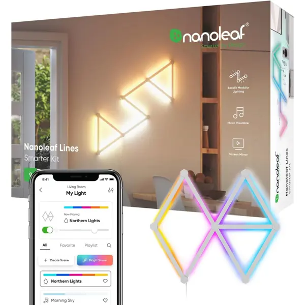 Nanoleaf Lines WiFi Smart RGBW 16M Color LED Dimmable Gaming and Home Decor Wall Lights, 60 Degree Smarter Kit (9 Lines)