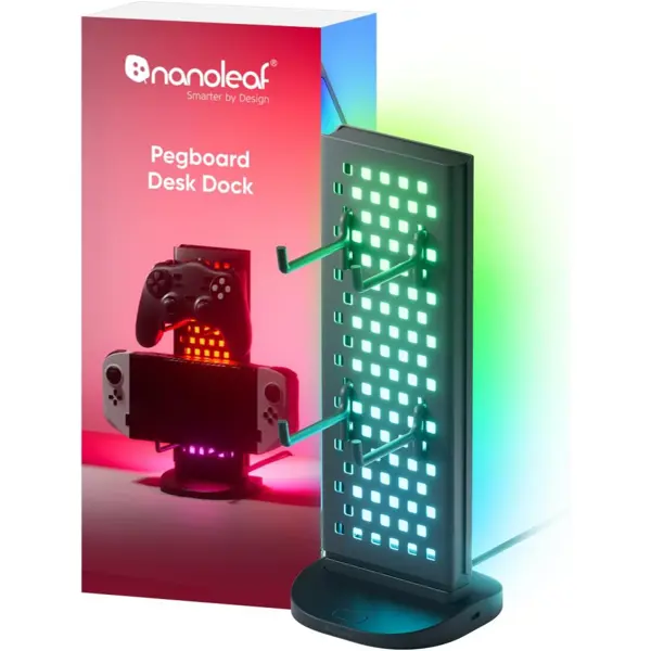 Nanoleaf Pegboard Desk Dock, 3-in-1 Smart RGBIC Table Lamp with Headphone/Controller Holder, Double-Sided Dynamic Lighting, USB-C Dock, Music & Screen Sync via Desktop App, Ambient Gaming Light (Black)
