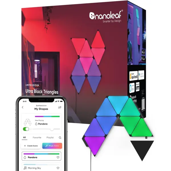 Nanoleaf Shapes Black Triangle LED Wall Lights, Smart RGBW Gaming Lights for Room & Modern Decor, 16M+ Colors with Music Sync, Works with Alexa & Google Assistant, DIY Wall Art (9-Pack Smarter Kit)