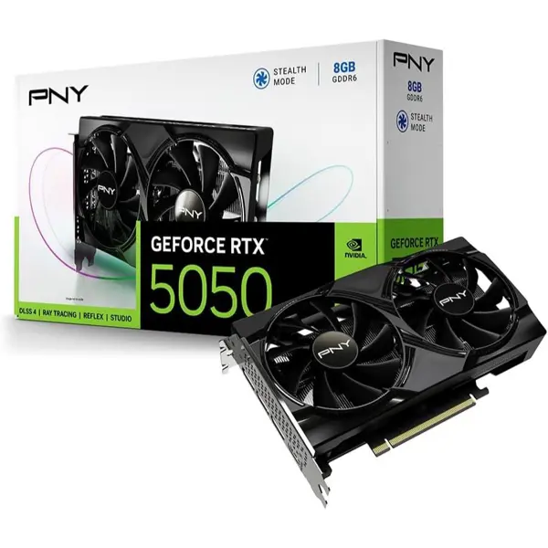 PNY NVIDIA GeForce RTX 5050 Stealth Mode Dual Fan Graphics Card (8GB GDDR6, 128-bit, SFF-Ready, PCIe 5.0, HDMI®/DP 2.1, 2-Slot, NVIDIA Blackwell Architecture, DLSS 4)