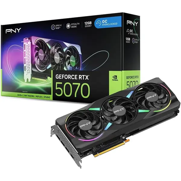 PNY NVIDIA GeForce RTX 5070 Epic-X ARGB OC Triple Fan Graphics Card (12GB GDDR7, 192-bit, Boost Speed: 2685 MHz, SFF-Ready, PCIe 5.0, HDMI/DP 2.1, 2.4-Slot, NVIDIA Blackwell Architecture, DLSS 4)