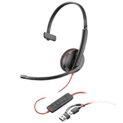 Poly Blackwire 3210 Monaural USB-C Headset + USB-C/A Adapter