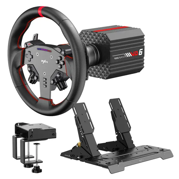 PXN VD6 Bundle PC Steering Wheel and Pedals – 6 Nm Direct Drive Servo Motor Base, W AS Racing Wheel, Hall Effect 2-Pedal Set, and Table Clamp – Professional Sim Racing Setup for Windows PC (7–11)