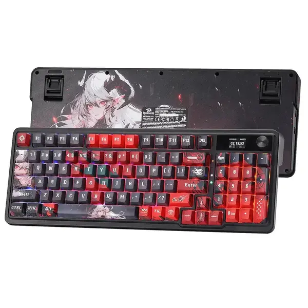 Redragon K719 RGB Pro Artemis Pro Wireless Gasket Gaming Keyboard w/Hype Screen & Knob, 95 Keys Mechanical Keyboard, Easy-Control 1.14’’ TFT Info Display, 5-Layer Noise Dampening, Custom Linear Switch, Anime Edition (Ember Queen)