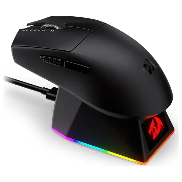 Redragon King Ultra M999 Wireless Gaming Mouse, Tri-Mode Wired 2.4GHz and BT 5.1, 45000 DPI Max, Magnetic RGB Charging Dock, 4 Programmable Buttons, Black